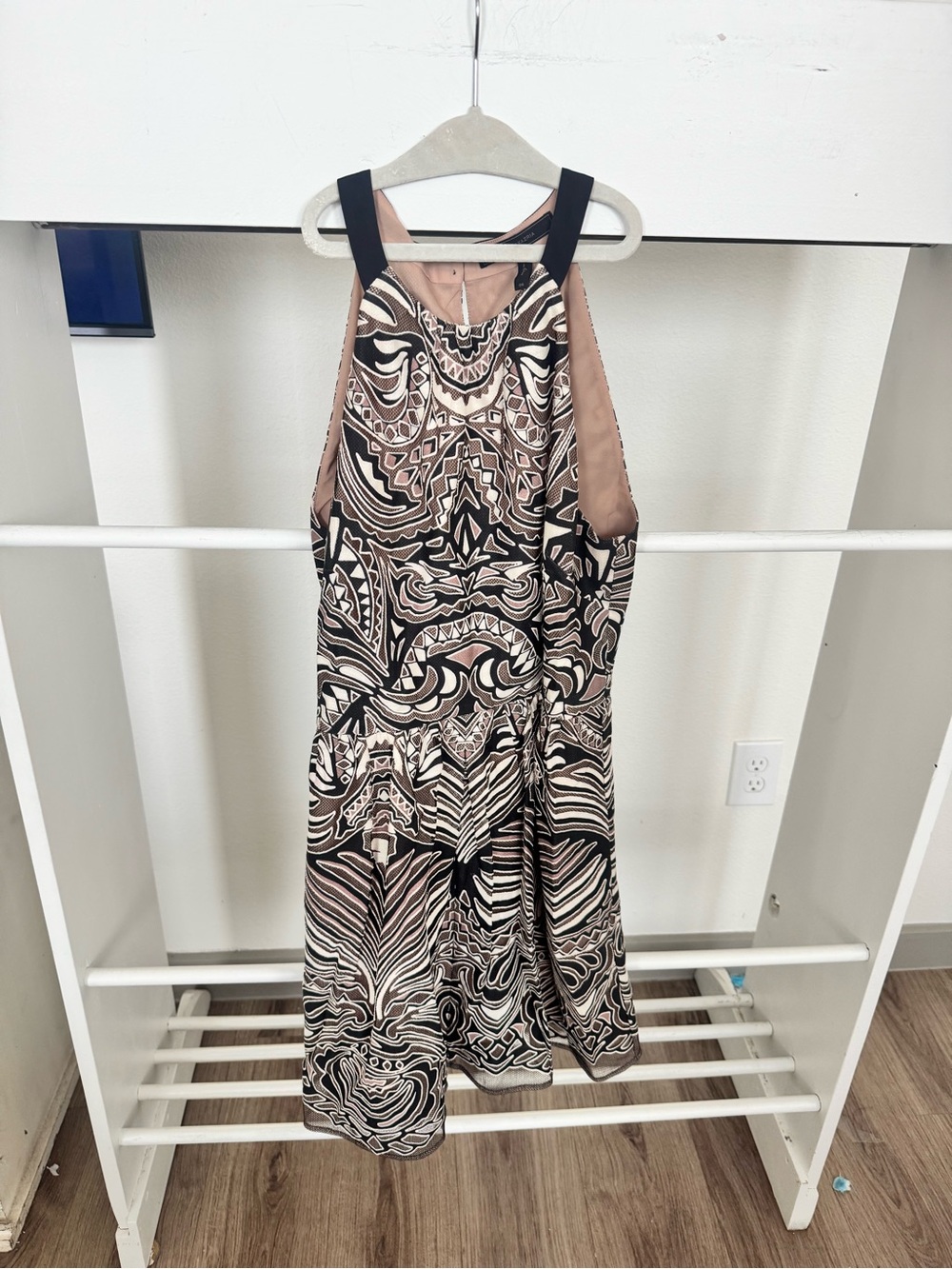 Sleeveless Printed Halter Dress in Beige and Black